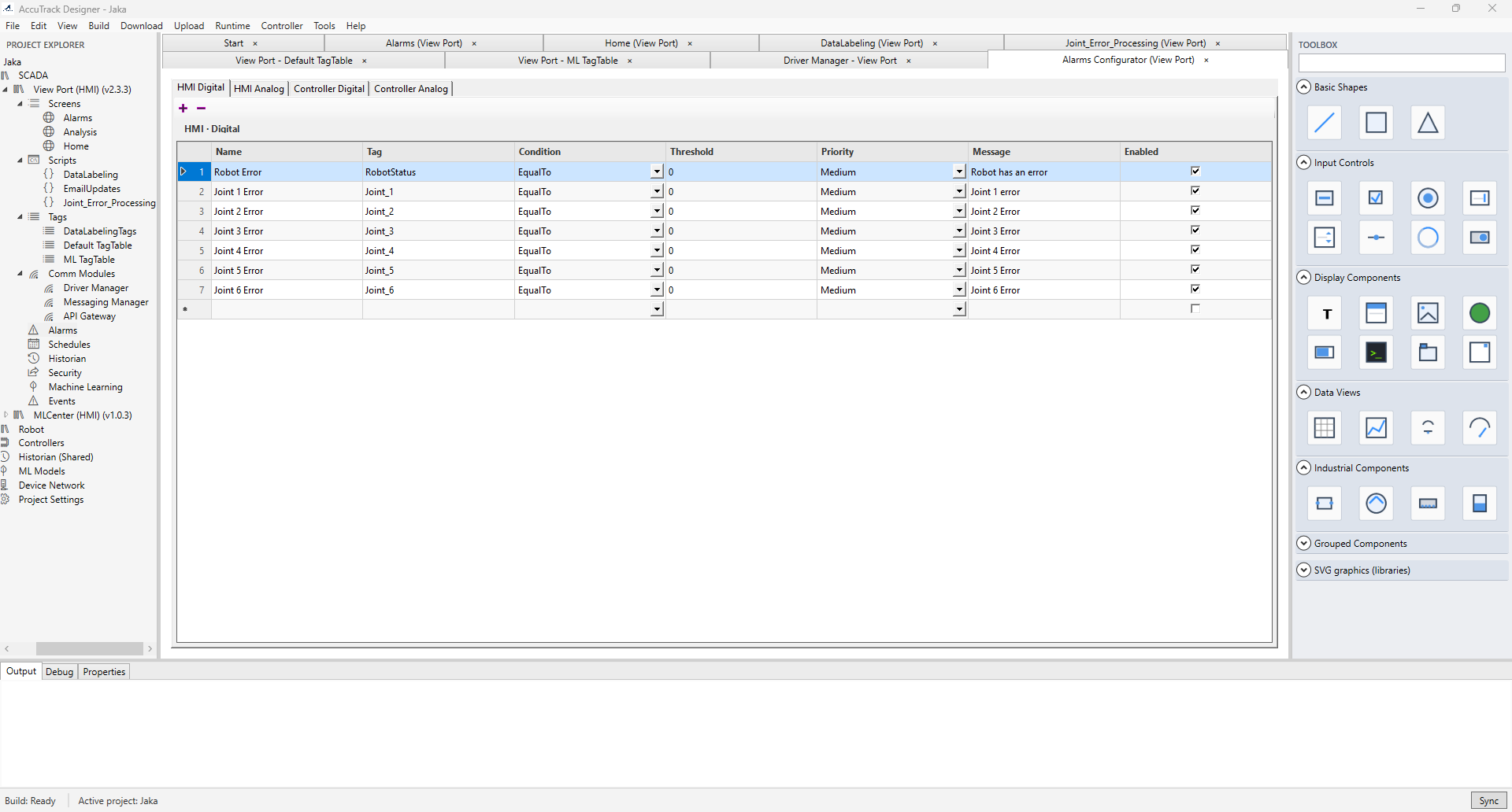 Configured alarms in the alarm editor