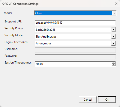 OPC UA client settings