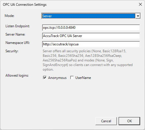 OPC UA server settings